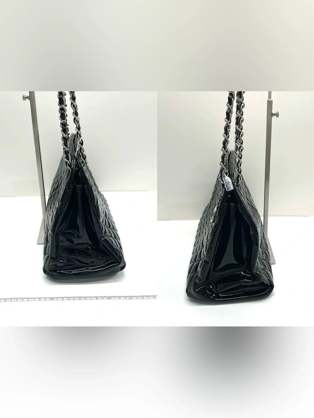 CHANEL Black Quilted Patent Shoulder Bag with Chain Strap and CC Charm